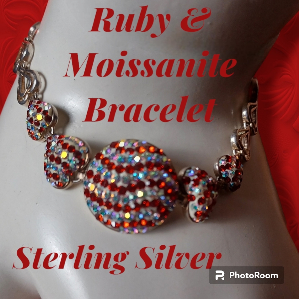 Ruby & Moissanite Gems .925 Sterling Silver Jeweled Hearts & Heart Link Bracelet